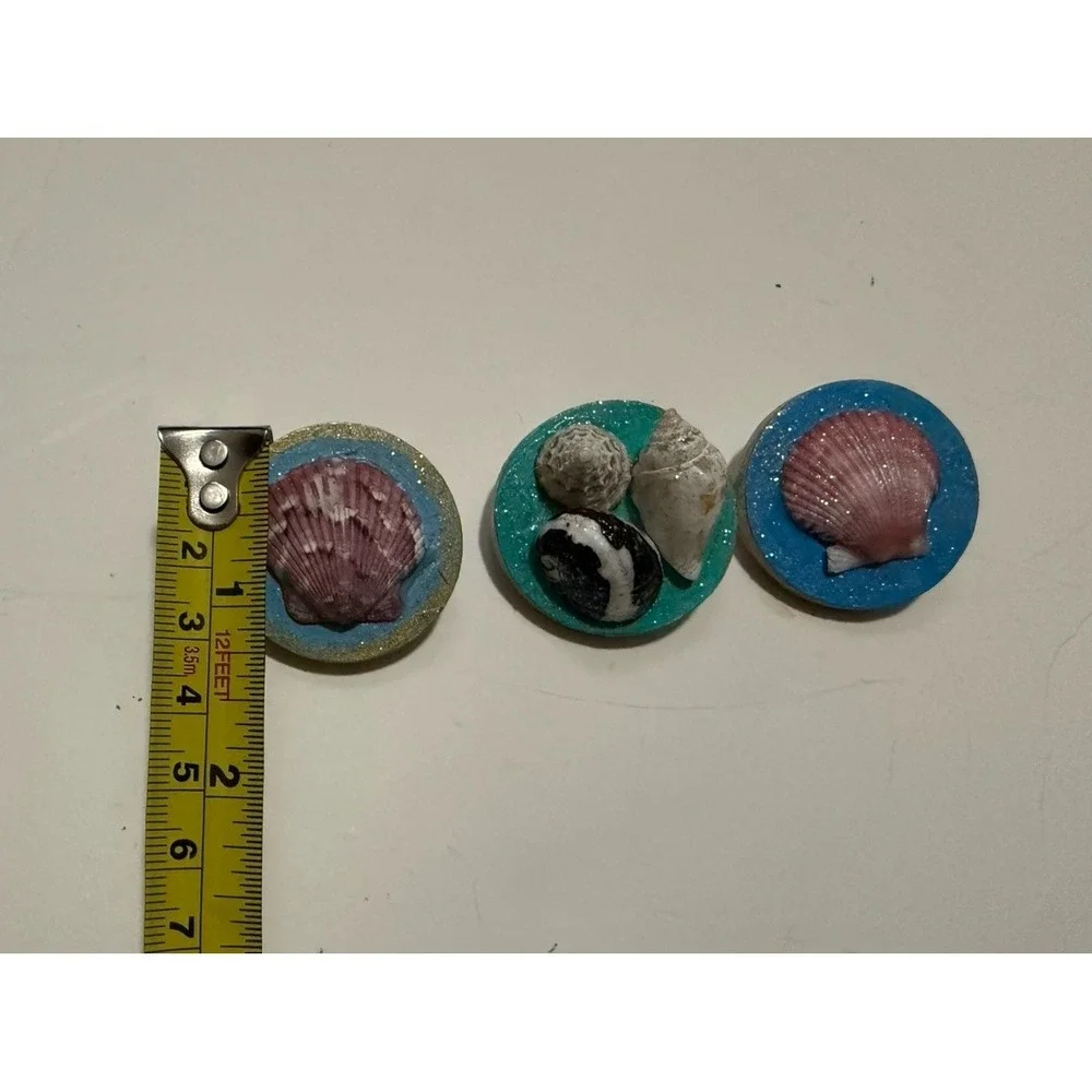 Set Of 3 Handmade Seashell Wooden Pins‎ Brooches Glitter Sparkle Beach Gifts
